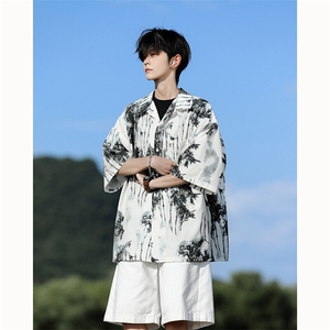 水墨花卉短袖花衬衫冰丝度假痞帅衬衣高级感夏威夷外套DC5015/P35图片
