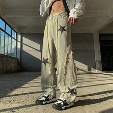 美式高街牛仔裤男韩版潮流拼接刺绣个性2023夏季ins长裤RK542-P49，男装牛仔裤，星座412-3
