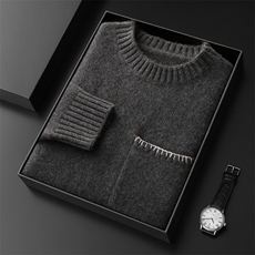 2025秋冬百搭时尚加厚圆领白边针织衫羊绒衫，男装羊绒套衫，盛欣羊绒