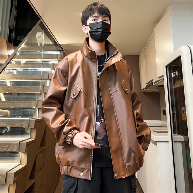 立领夹克男秋季宽松水洗皮衣潮茄克外套休闲A266-PY008-P75控138图片