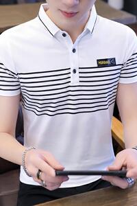 8017-P35夏季男士短袖T恤翻领条纹修身polo衫男潮流2021新款体恤图片