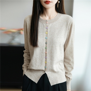小香风单排彩扣针织开衫女外套毛衣2025新款宽松外搭时尚小衫上衣，女装针织衫/毛衣，菲奥羊绒