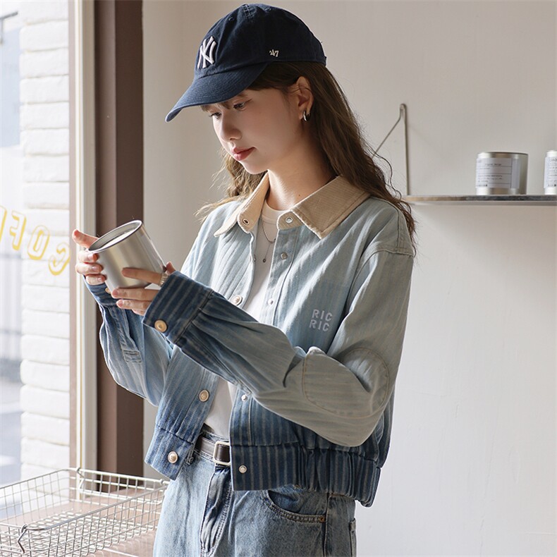 现货可推2024秋装新款水洗渐变复古休闲百搭条纹牛仔外套女,女装牛仔外套,苗苗