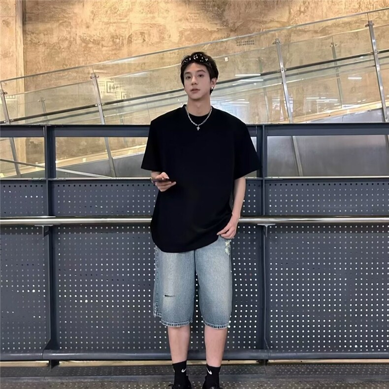 美式复古高街牛仔裤子2025破洞新款直筒阔腿七分裤BA113-P42,男装牛仔裤,星座208-5
