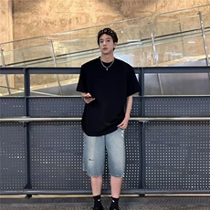 美式复古高街牛仔裤子2025破洞新款直筒阔腿七分裤BA113-P42，男装牛仔裤，星座208-5