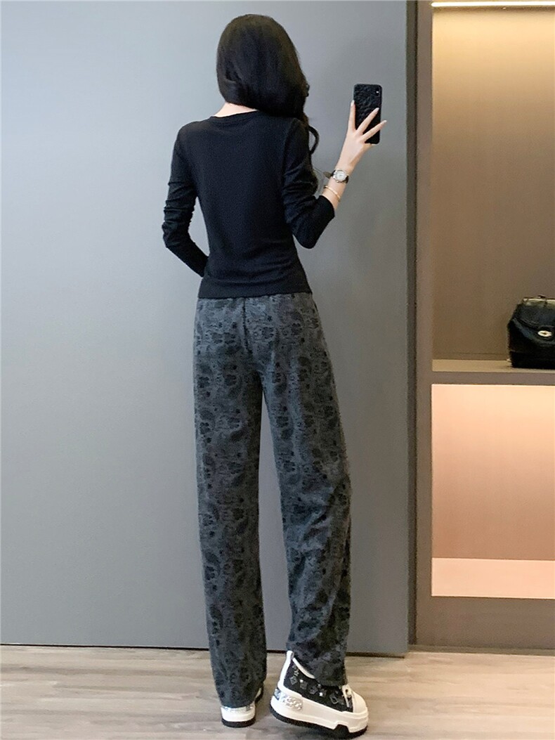 女秋穿搭时尚气质套装圆领不规则开叉设计长袖上衣阔腿长裤两件套,女装套装/套裙,江南