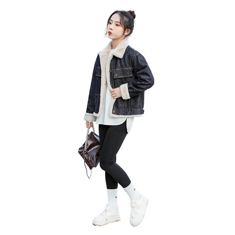 欧货毛领加绒牛仔外套女短款2024秋冬新款港风宽松加厚夹克潮ins,女装牛仔外套,曼娅璐