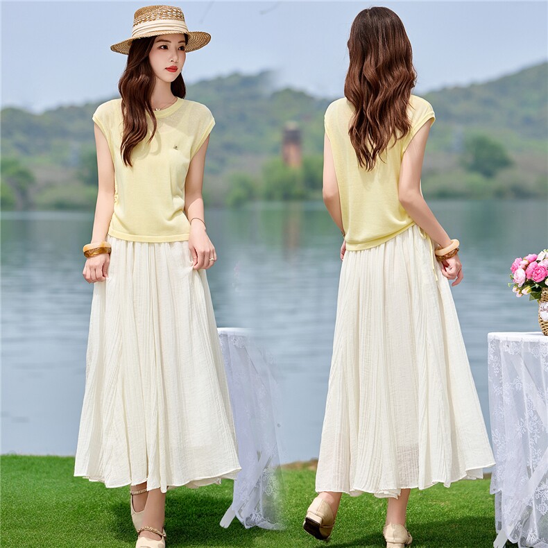 韩系高级感穿搭女针织短袖收腰夏季新款圆领配丝巾半身裙三件套，女装套装/套裙，米尚