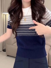 撞色条纹冰丝针织短袖T恤女2025夏薄透气宽松显瘦上衣半袖t恤小衫，女装T恤，晨旭羊绒