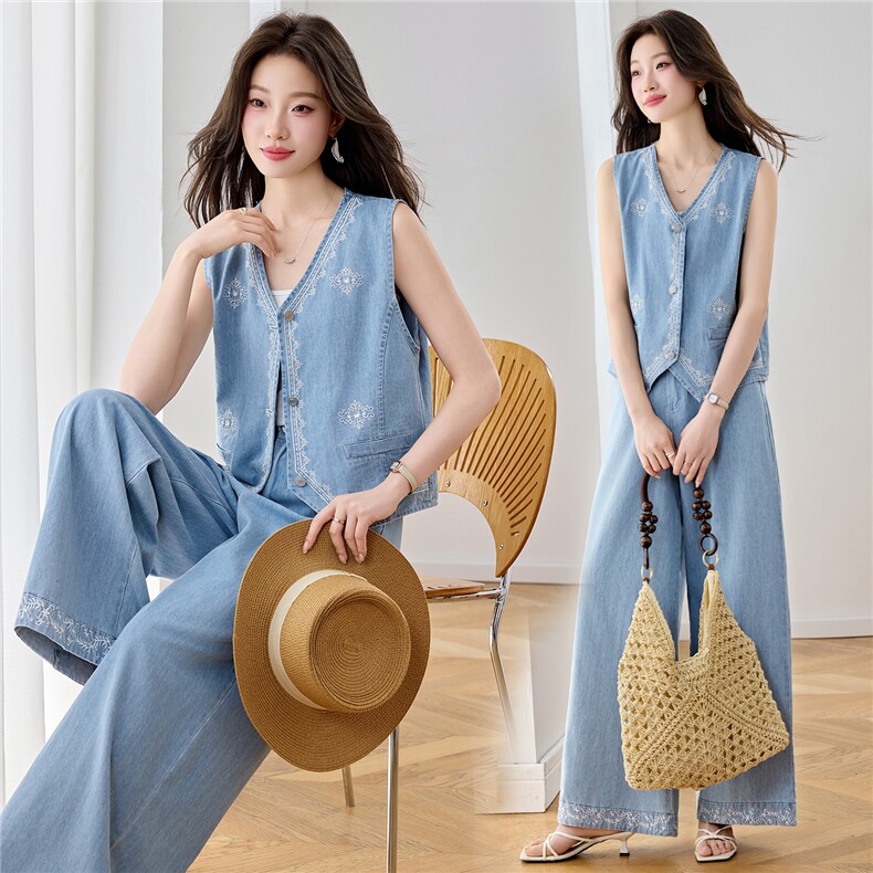 老钱风牛仔套装中高腰居家夏季纽扣轻薄上班常规长裤，女装套装/套裙，悦祺