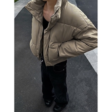 现货冬季三防重磅硬挺boxy短款羽绒刺绣立领PU皮棉衣外套加厚棉服，男装棉衣，电商A486-1