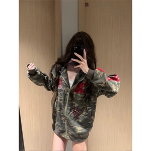 网图现货美式复古迷彩开衫连帽华棉卫衣男女A963-常规P59加绒P64,金黄色的毛衣开衫怎么搭配图片