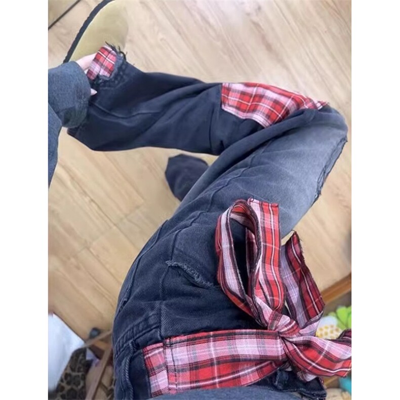 蝴蝶结格子拼接牛仔裤欧美高街hiphop裤子男款微喇直筒裤N1077,男装牛仔裤,星座1116A（原606A-3）