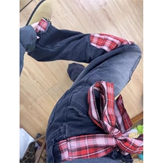 蝴蝶结格子拼接牛仔裤欧美高街hiphop裤子男款微喇直筒裤N1077，男装牛仔裤，星座1116A（原606A-3）
