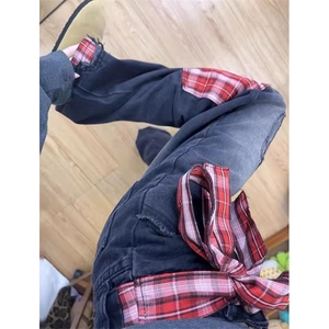 蝴蝶结格子拼接牛仔裤欧美高街hiphop裤子男款微喇直筒裤 N1077图片