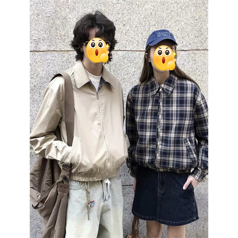 GENIOLAMODE双面穿复古格纹哈灵顿翻领夹克男秋季情侣百搭外套潮图片