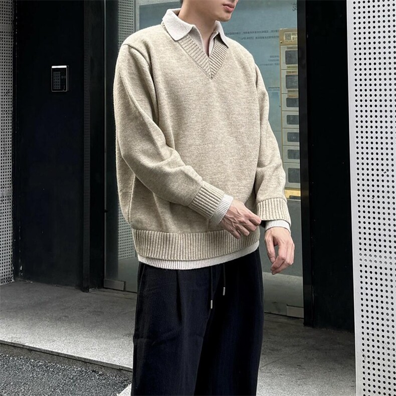 重磅北极绒假两件衬衫领毛衣美式高街复古休闲慵懒纯色翻领针织衫,男装针织衫/毛衣,电商A486