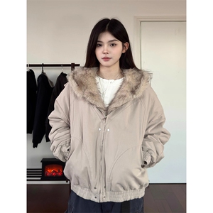 现货高品质美式高街冬季重磅硬挺短款座山雕毛领棉衣男女加厚外套图片