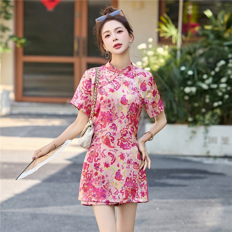 新中式印花连衣裙短裤套装女夏2025新款小个子国风旗袍裙子两件套,女装套装/套裙,贵人树