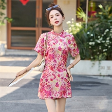 新中式印花连衣裙短裤套装女夏2025新款小个子国风旗袍裙子两件套，女装套装/套裙，贵人树