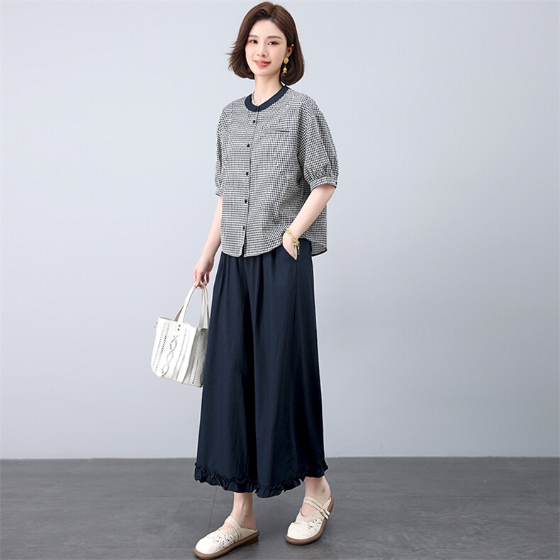 套装女2025年夏季新款时尚宽松中年妈妈大码棉麻九分裤两件套,女装套装/套裙,江忆布依