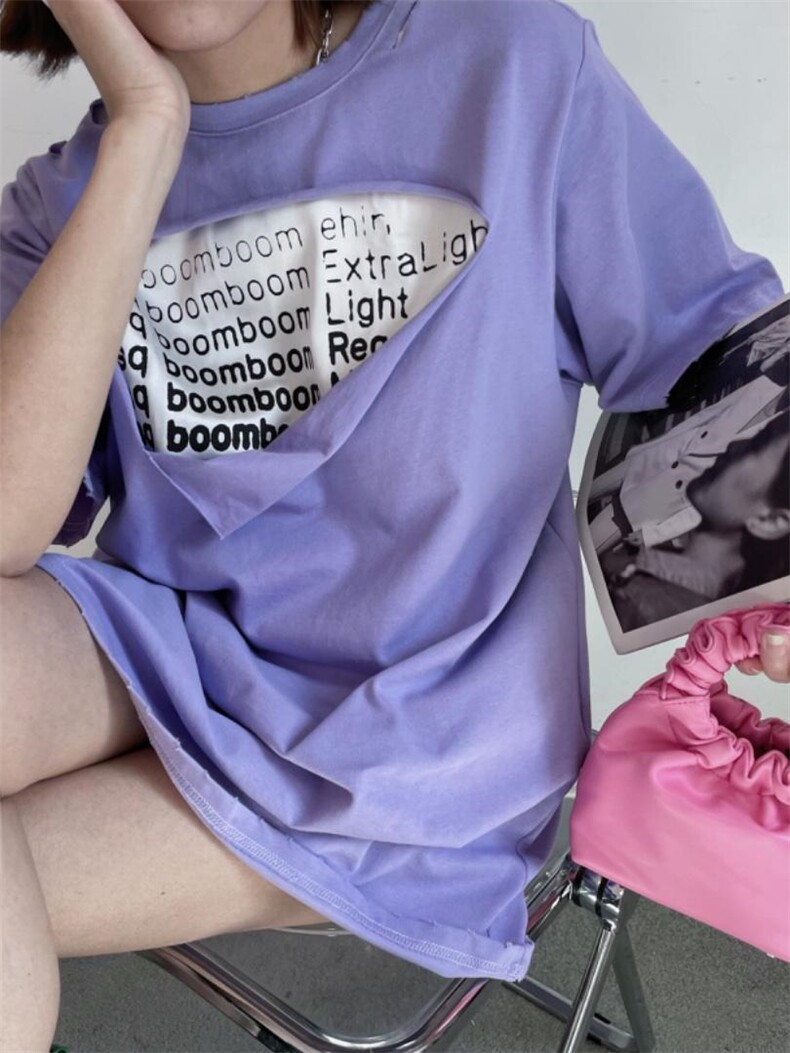 设计师款破洞字母T恤，女装T恤，YSQ Boomboom