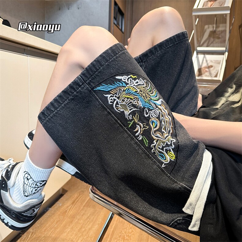 XZ616新中式夏季风龙纹刺绣牛仔短裤五分裤TY2477p45控68,男装牛仔裤,星座512A（原616）