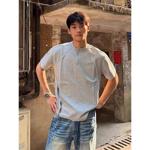 美式高街明辑线半拉链短袖T恤男夏季小众痞帅潮牌半袖体恤