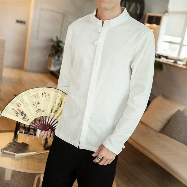 风棉麻大码纯色衬衣男士休闲衬衫男装长袖立领唐装CS505-P50，男装衬衫，钱塘788(原4013)