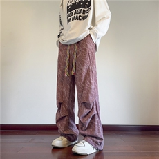 wassuphappy灯芯绒裤子男春秋季潮牌美式扎染阔腿裤褶皱休闲长裤，男装休闲裤，电商B315