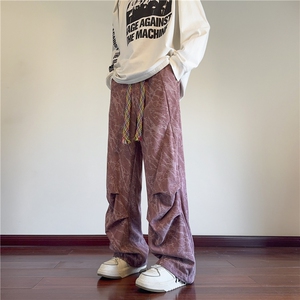 wassup happy灯芯绒裤子男春秋季潮牌美式扎染阔腿裤褶皱休闲长裤图片
