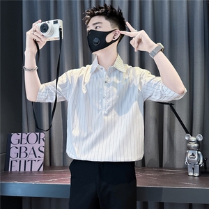条纹七分袖衬衫男痞帅高级感社会小伙店主风301C-CS22-P58控78图片