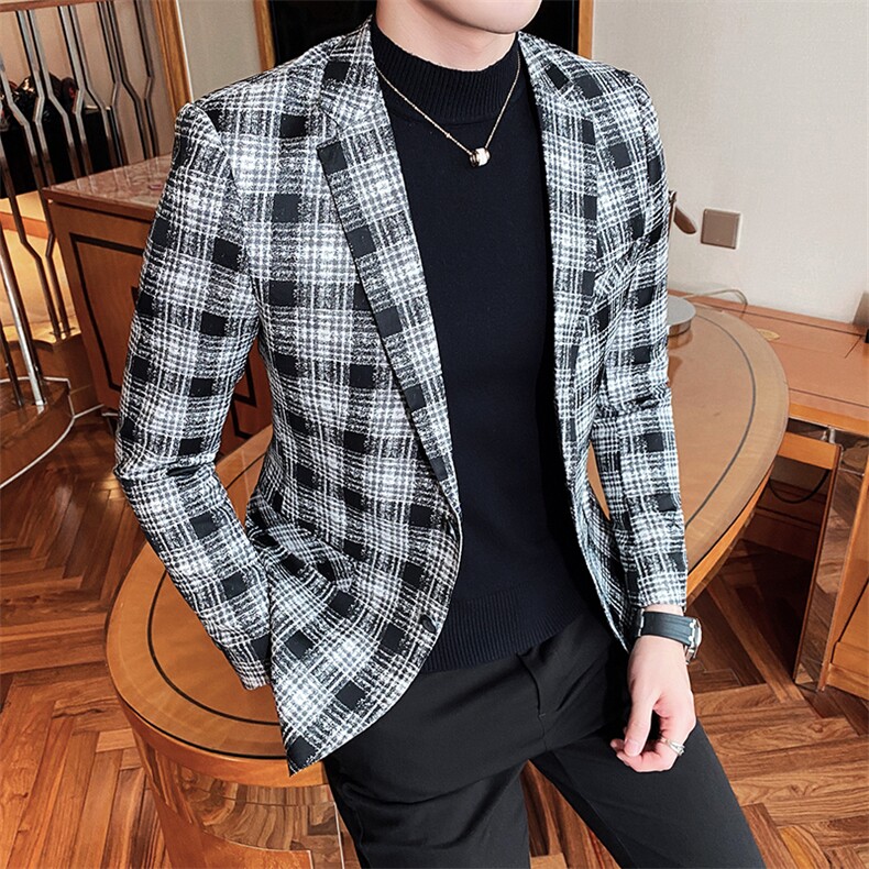2021春新款西装男士黑白格子西装商务休闲西服西外套806-,男装西服,电商D225