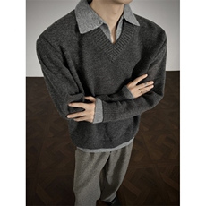 美式复古假两件v领翻领毛衣男秋季高级针织衫M411-P62，男装针织衫/毛衣，星座208-5