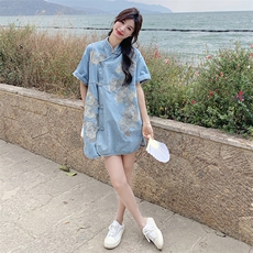 新中式国风盘扣牛仔连衣裙女夏2025新款韩系穿搭清纯系艺术感流行，女装连衣裙，2D076