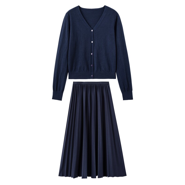 现货2025秋装新款显瘦气质针织开衫+百褶半裙两件套女,女装套装/套裙,苗苗