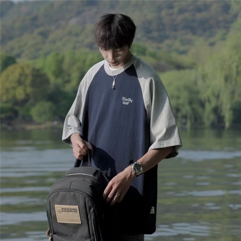 夏季港风日系cityboy短袖t恤男生潮牌撞色宽松百搭情侣五分袖体恤,男装T恤,四季星座505