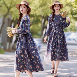 中式碎花连衣裙女装纯棉长袖2025年秋季新款高端大码显瘦棉麻裙子图片