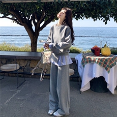 韩系慵懒休闲风格纹拼接卫衣套装女2026春季阔腿裤时尚减龄两件套，女装套装/套裙，艾米莉亚