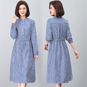 棉麻连衣裙素素原创女装条纹中年短袖2020夏季妈妈时尚洋气裙，女装连衣裙，江忆布依