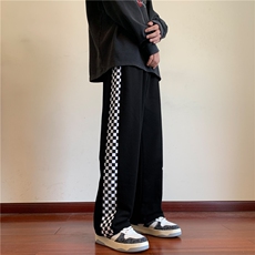 秋季新款潮流条纹黑白九宫格子宽松直筒休闲松紧长裤CYKZ2201-P50，男装休闲裤，电商A128