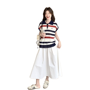 美式学院风条纹polo领上衣套装裙女2025夏季新款休闲半身裙两件套图片