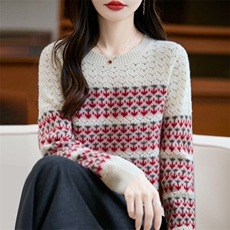 2025年秋季长袖时尚百搭通勤简约休闲嵌花撞色费尔岛，女装羊毛衫，三莲羊绒