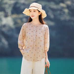 2026年夏春季女短袖苎麻文艺/优雅文艺风图片