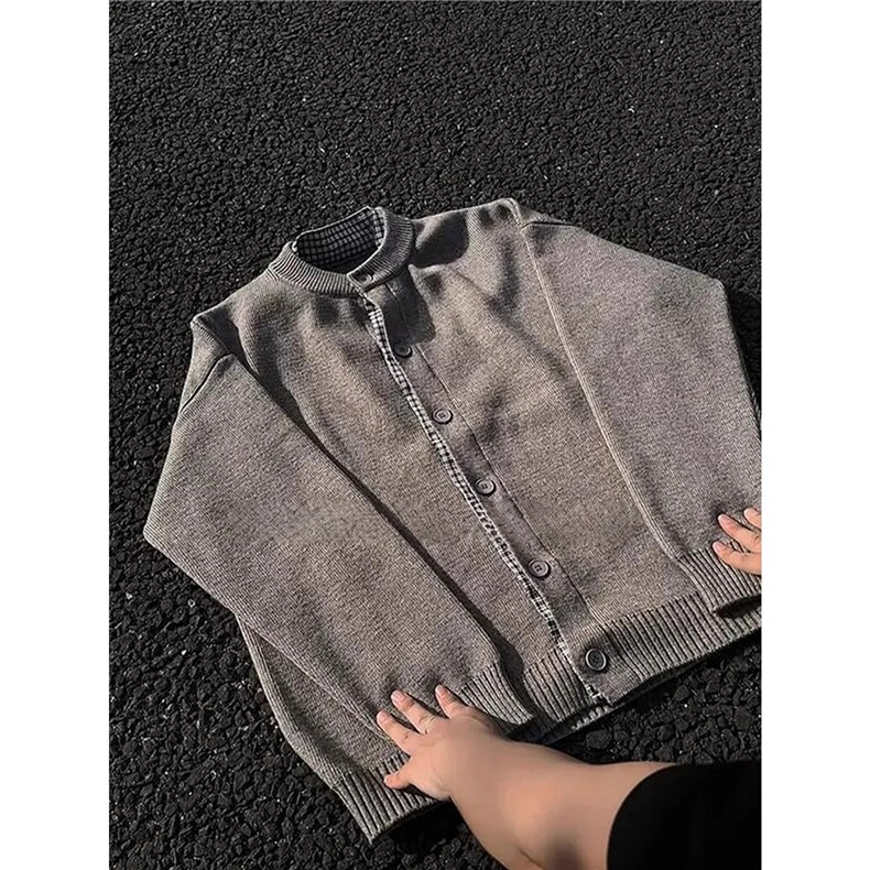 灰色假两件开衫毛衣外套男秋冬cleanfit美式慵懒松弛感纽扣针织衫,男装针织衫/毛衣,星座506A