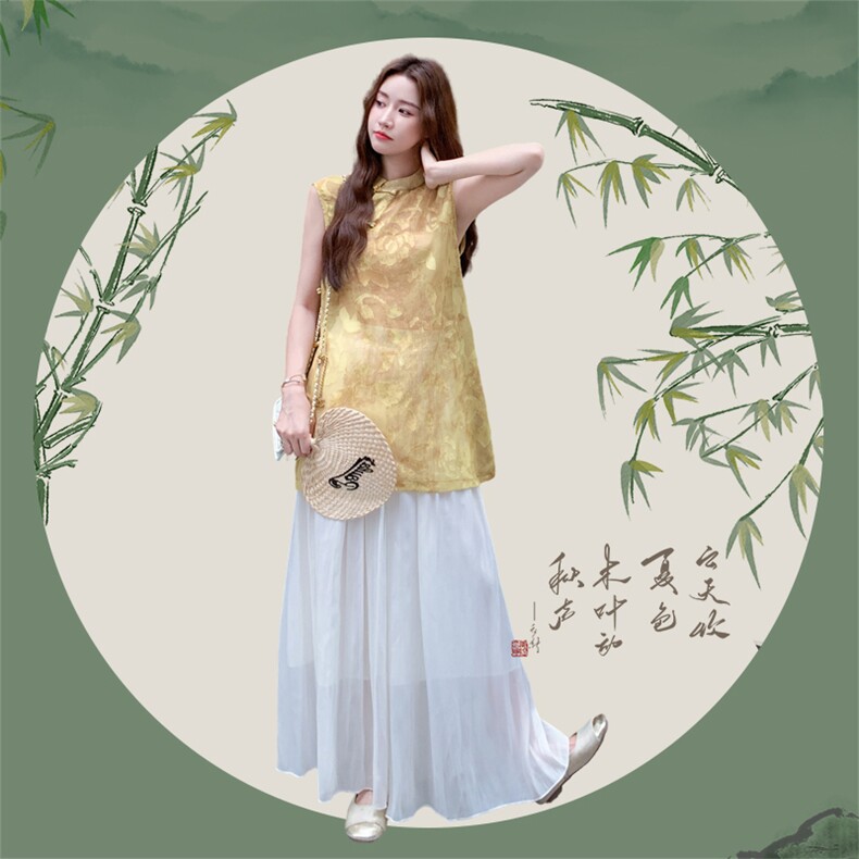 新中式老钱风穿搭绣花黄色上衣套装女夏超好看松弛感阔腿裤两件套,女装套装/套裙,2D015