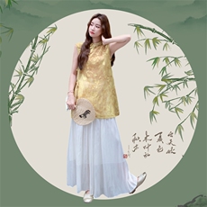 新中式老钱风穿搭绣花黄色上衣套装女夏超好看松弛感阔腿裤两件套，女装套装/套裙，2D015