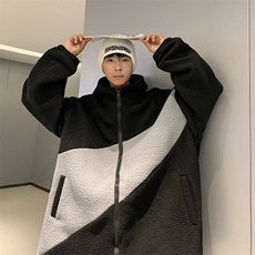 连帽运动外套男女冬季高街潮牌港风情侣羊羔毛拼色棉外套509/P45，男装棉衣，星座506