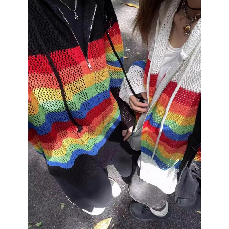 【有货】彩虹镂空连帽针织开衫男女罩衫情侣衬衫外套2401CC-特P48,男装衬衫,星座1007（原301D）