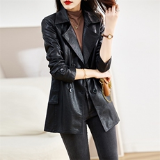 2025春秋女新款修身真皮中长款时尚气质休闲软皮西装领皮衣风衣潮，女装皮衣，缘衣格